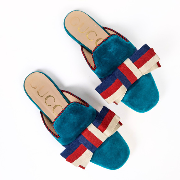 GUCCI Sylvie Bow Velvet Mule Flat Slippers in Pavone Red Blue Women's EU 37.5 - Picture 1 of 11